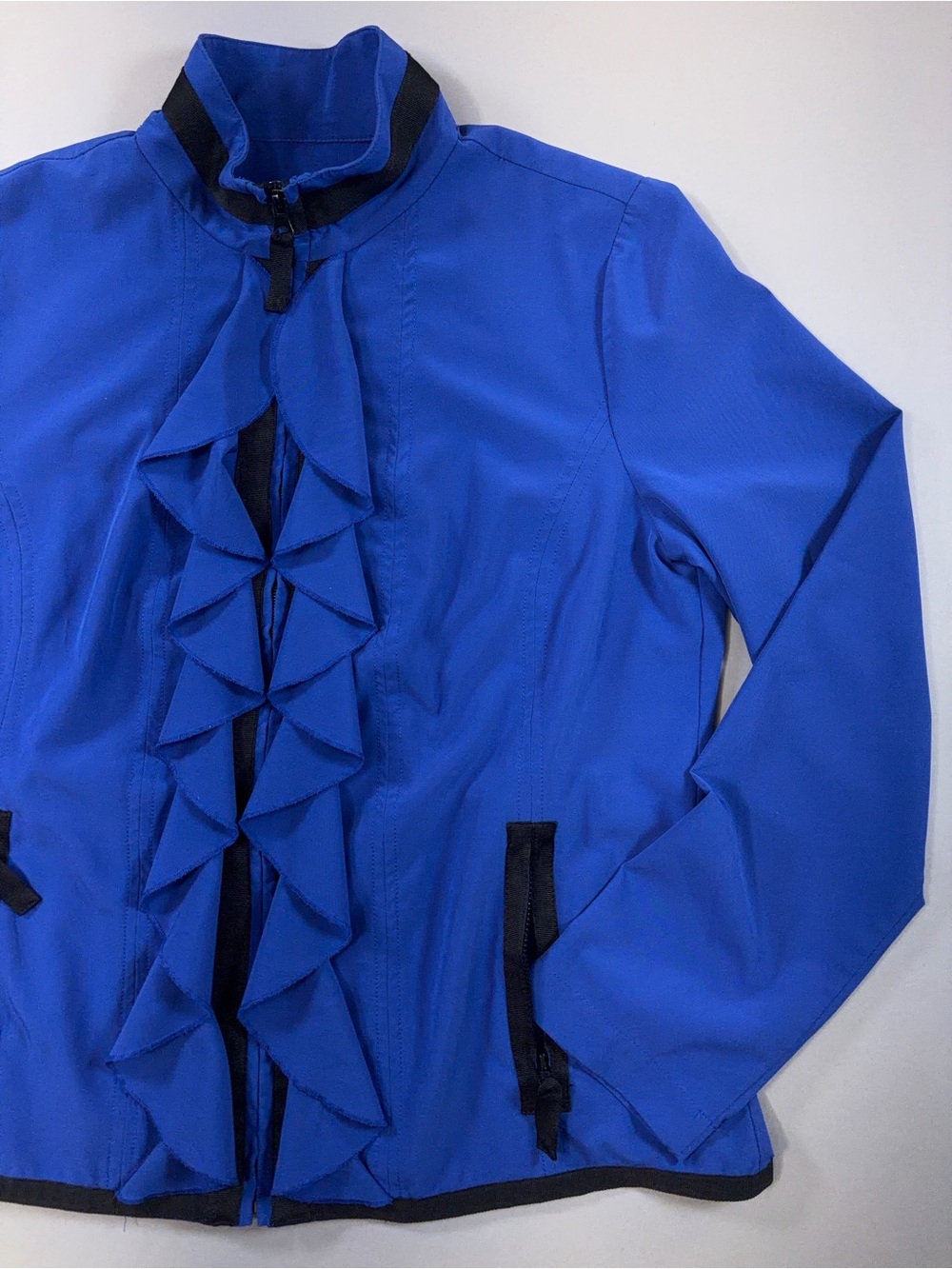 Zenergy by Chico’s Cobalt Blue Zip Jacket Waterfall Ruffle Black Ribbon Trim Sz1